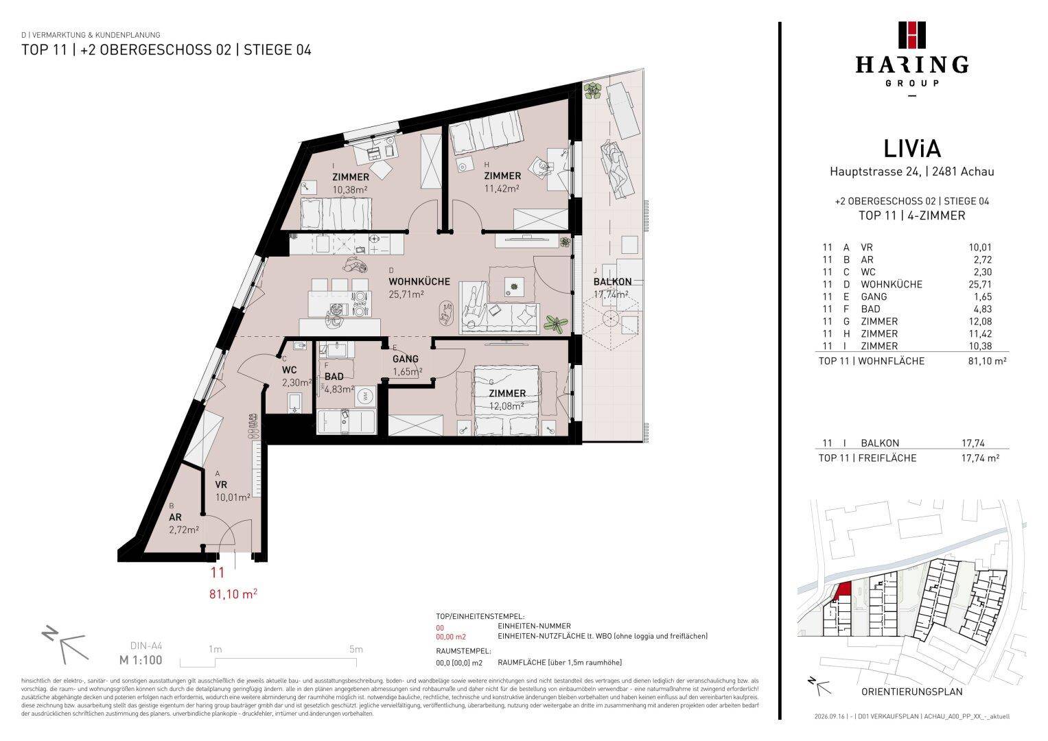 Grundriss einer Wohnung mit drei Zimmern, Balkon und offener Wohnküche.