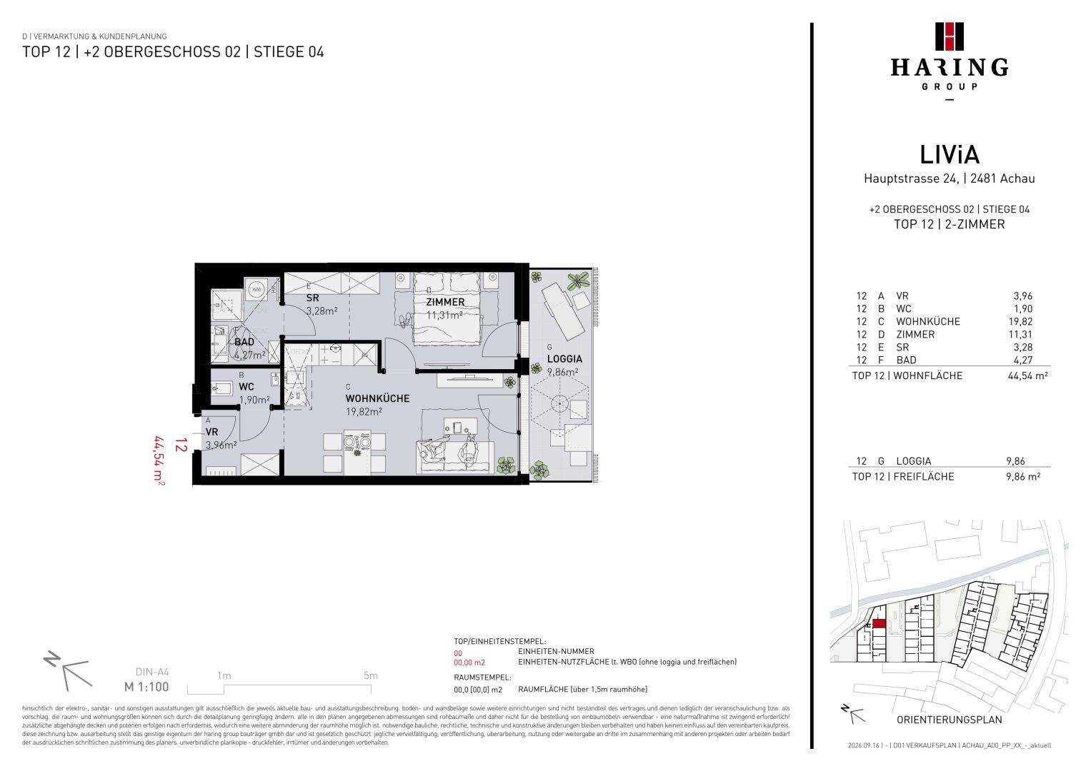 Detaillierter Grundriss einer Wohnung mit Wohnküche, Schlafzimmer, Bad und Loggia.