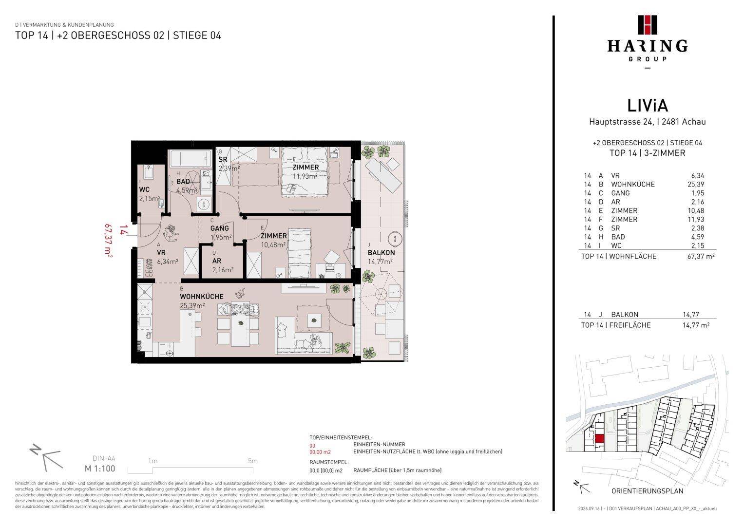 Detaillierter Grundriss einer 3-Zimmer-Wohnung mit Balkon und separatem WC.