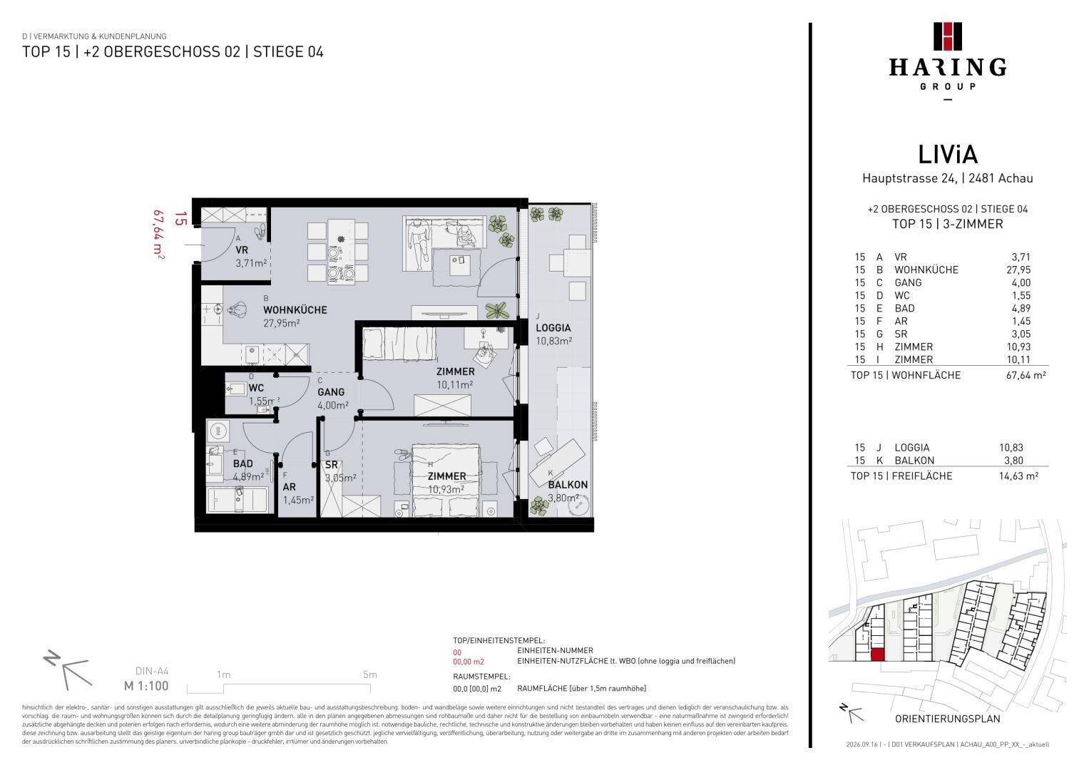 Detaillierter Grundriss einer Wohnung mit zwei Schlafzimmern, Loggia und Balkon.