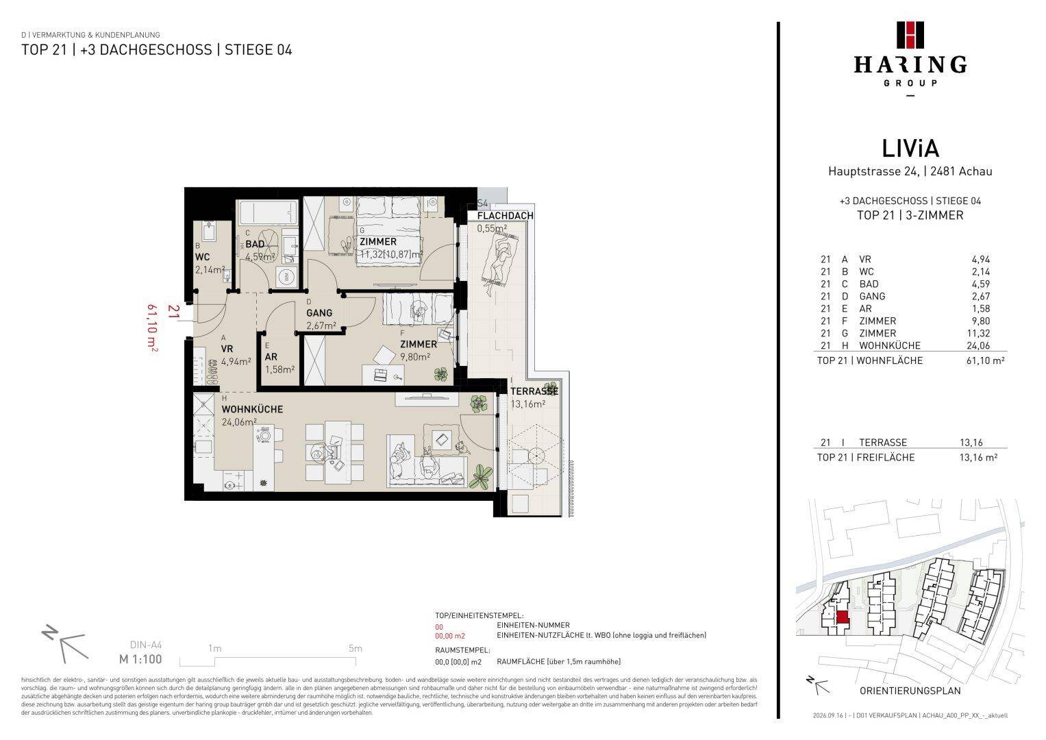 Grundriss einer 3-Zimmer-Wohnung mit Terrasse und Flachdach, inklusive Flächenangaben.