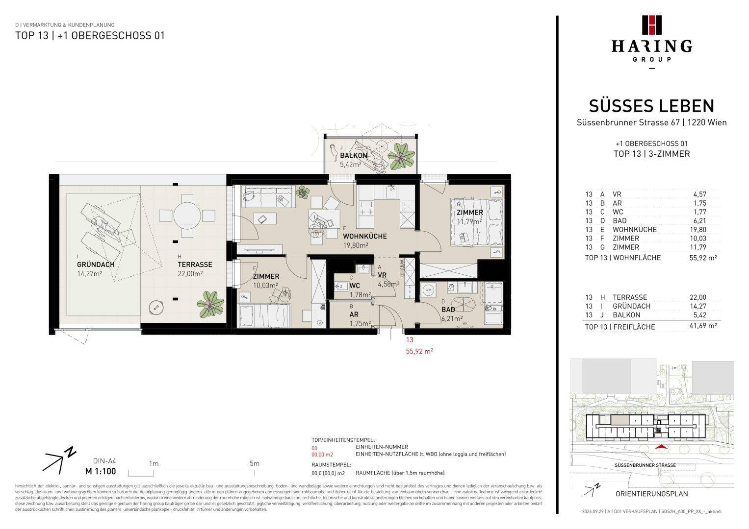 Detaillierter Grundriss einer modernen Wohnung mit offener Wohnküche, zwei Zimmern, Bad, WC, Terrasse und Balkon.