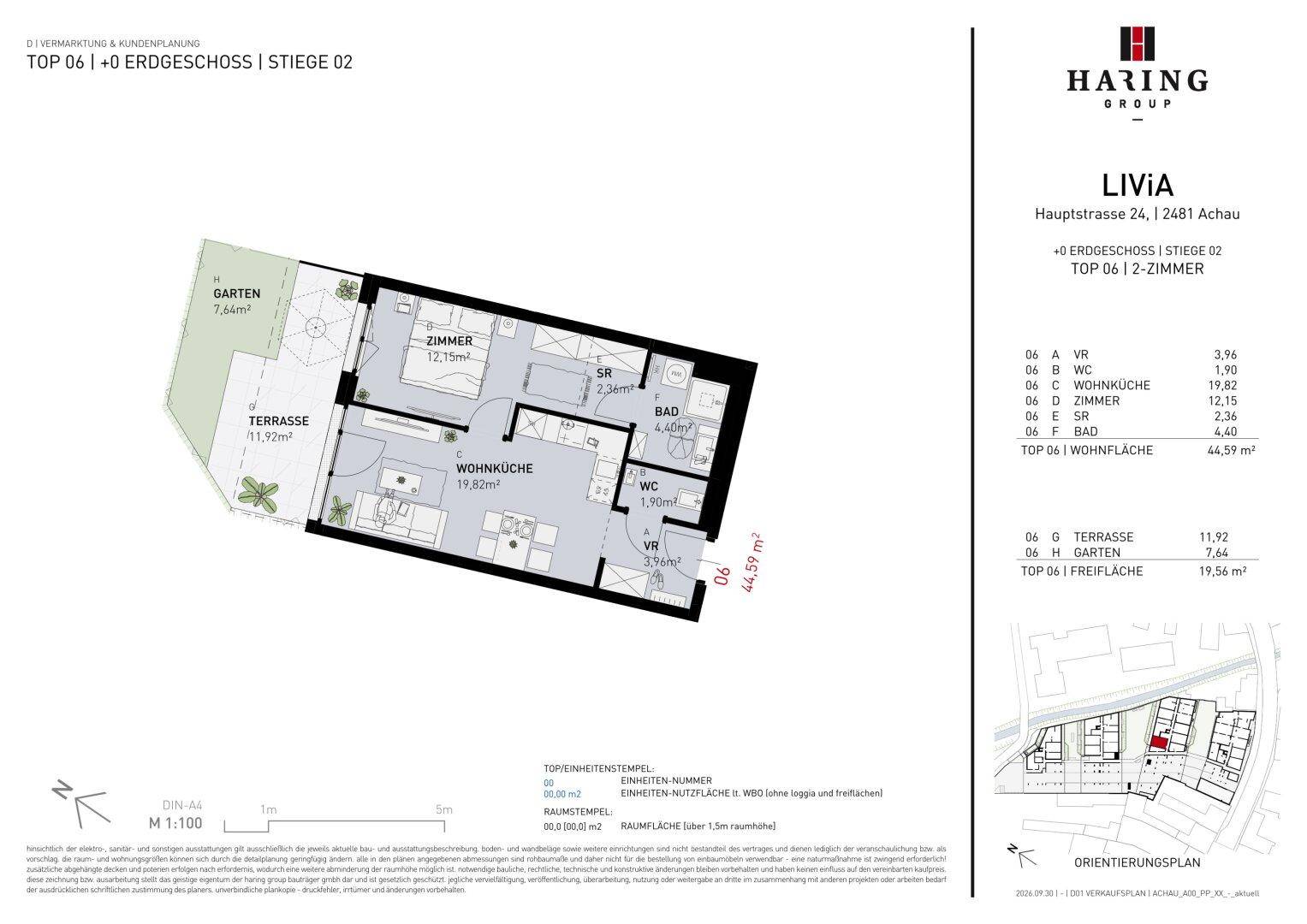 Grundriss für eine Erdgeschosswohnung mit Wohnküche, Zimmer, Bad, Terrasse und Garten.