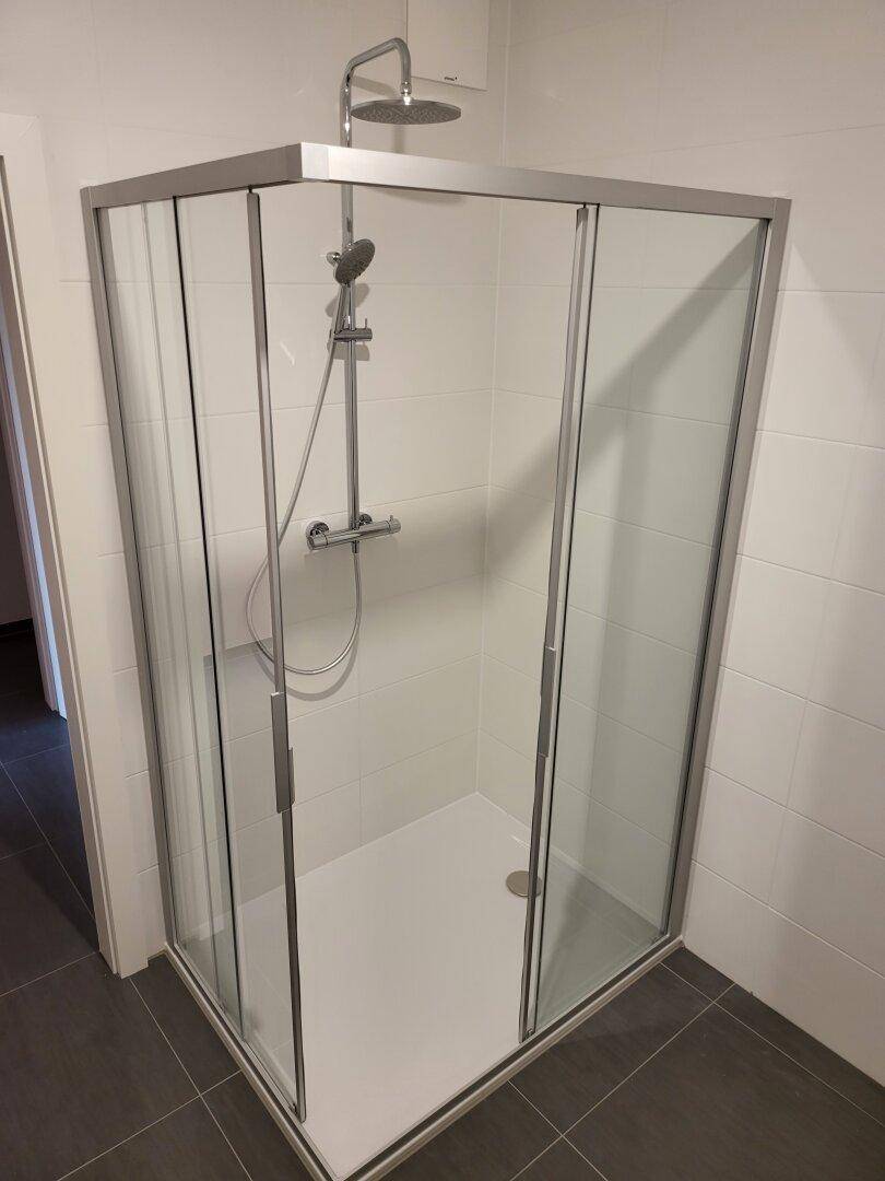 Modernes Badezimmer mit Duschkabine, Regendusche und weißen Wandfliesen.