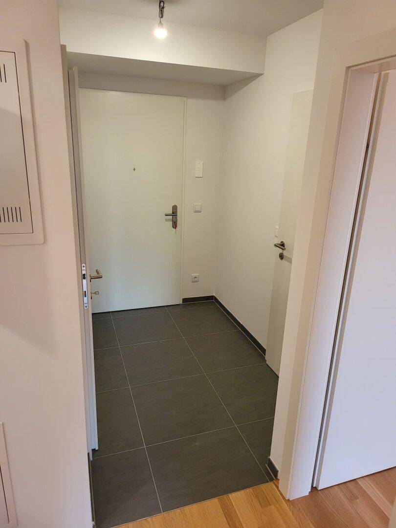 Eingangsbereich mit dunklen Fliesen und einer weißen Eingangstür, die in die Wohnung führt.