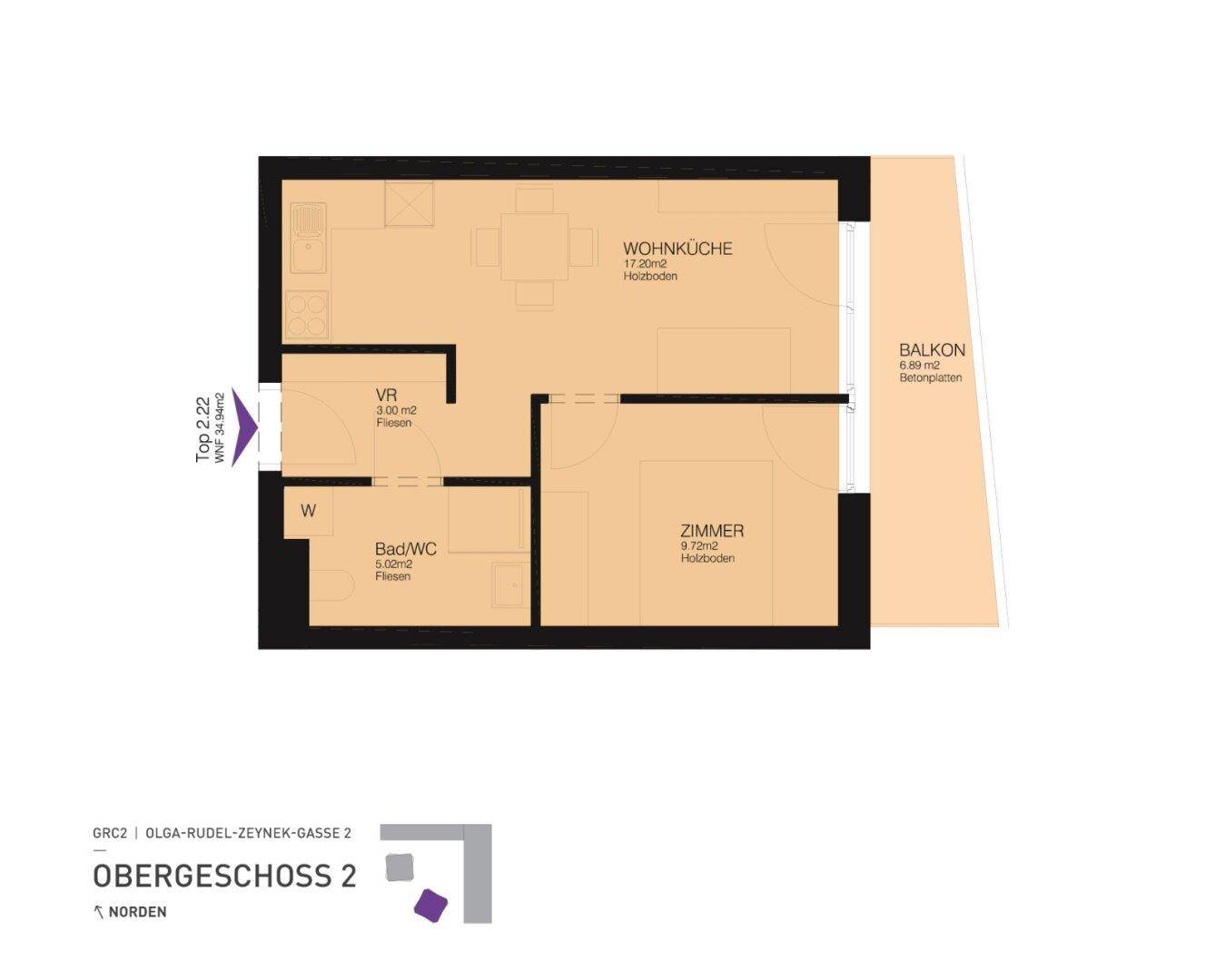 Grundriss einer kompakten Wohnung mit offener Wohnküche, einem Schlafzimmer, Bad und Balkon.