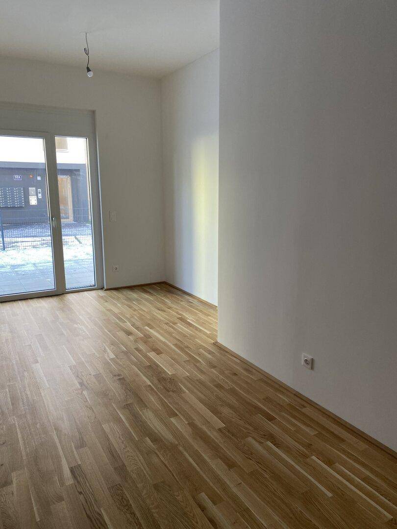 Leerer Wohnraum mit hellem Parkettboden und großer Glastür, die viel Tageslicht hereinlässt.