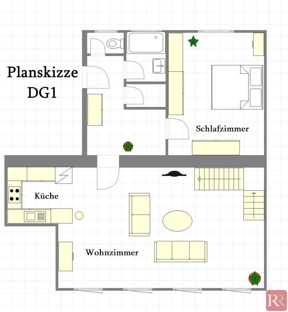 Grundriss der ersten Dachgeschossebene mit Küche, Wohnzimmer, Schlafzimmer und Badezimmer.