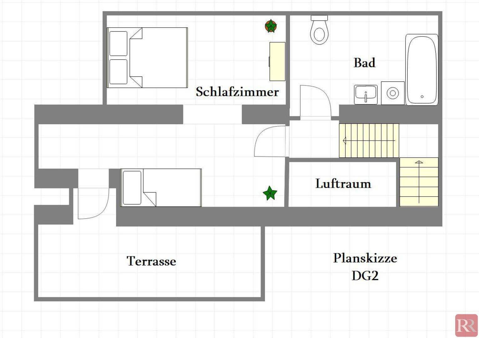 Grundriss der zweiten Dachgeschossebene mit Schlafzimmer, Badezimmer und einer großzügigen Terrasse.
