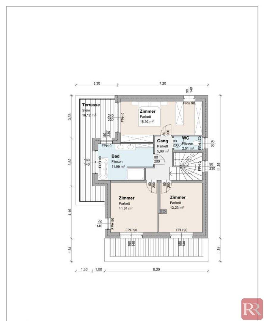 Grundriss des Obergeschosses mit drei Schlafzimmern, Bad und separatem WC.