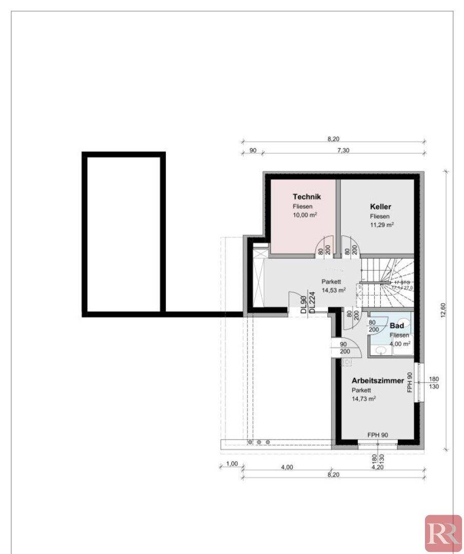 Grundriss des Untergeschosses mit Technikraum, Keller und Arbeitszimmer.