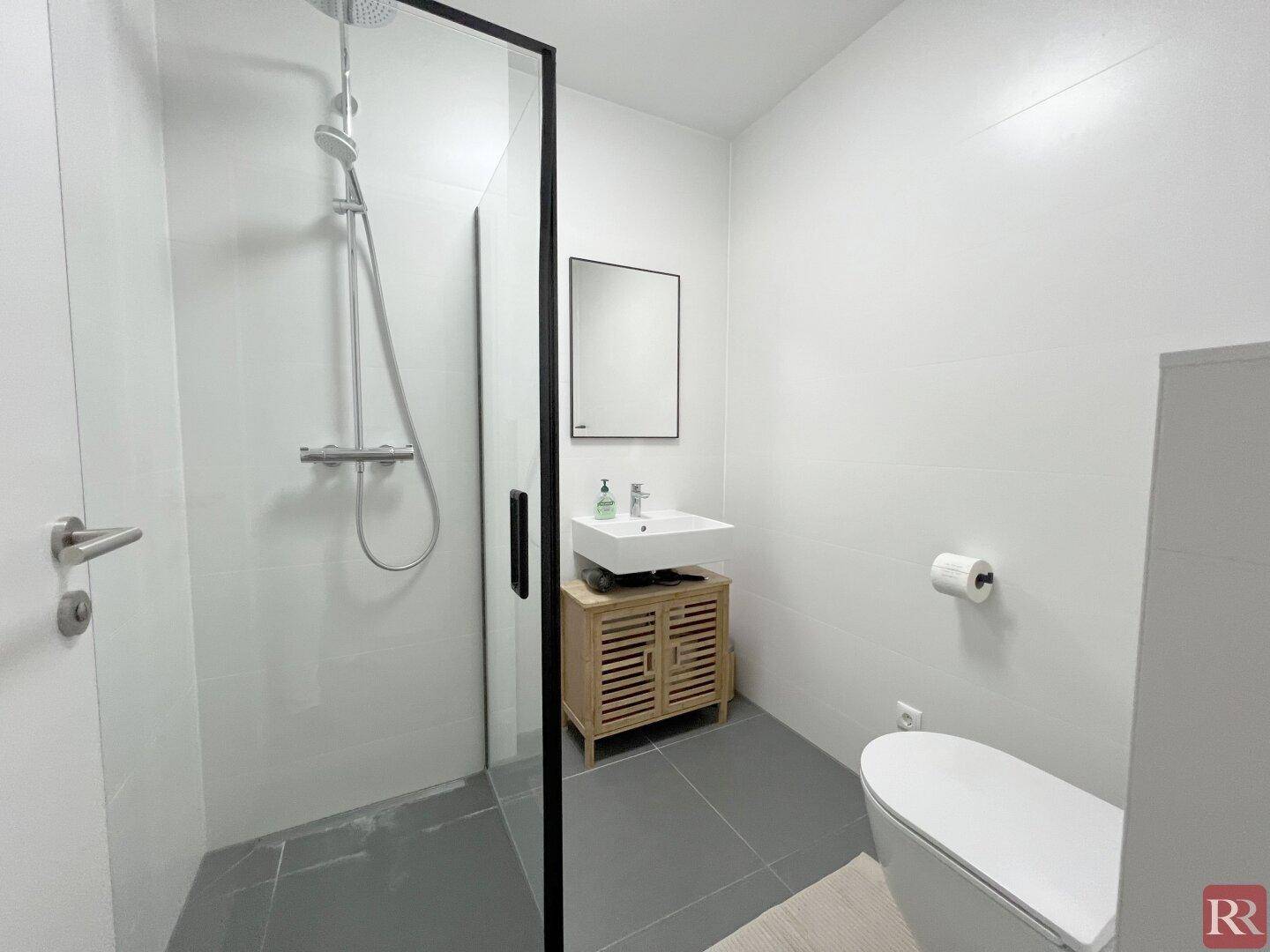 Kleines Badezimmer mit moderner Dusche, Waschbecken und Wand-WC.