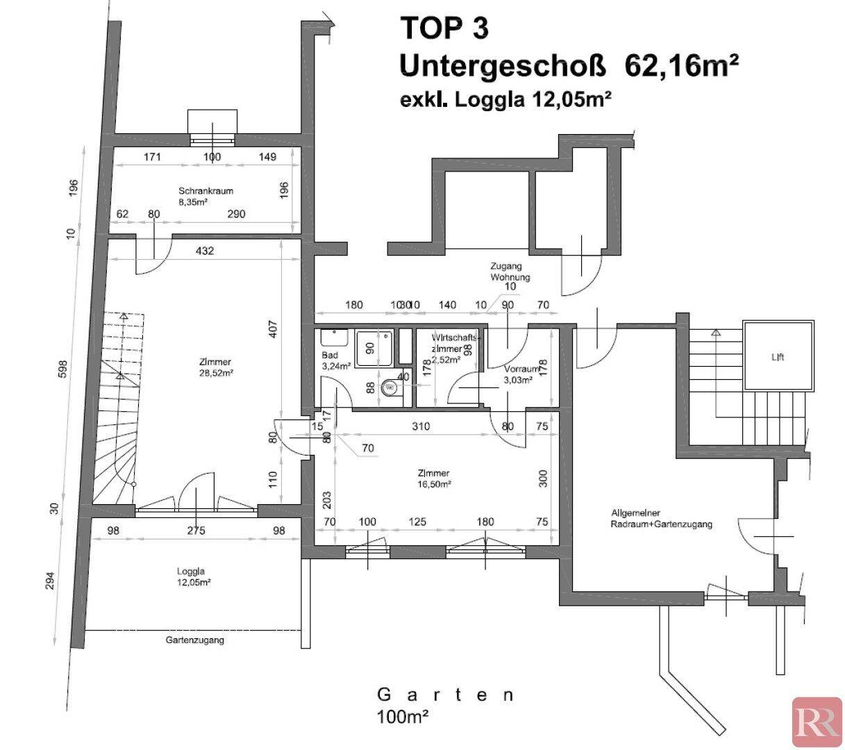 Grundriss des Untergeschosses (TOP 3) mit 62,16m², inklusive Loggia und Gartenzugang.