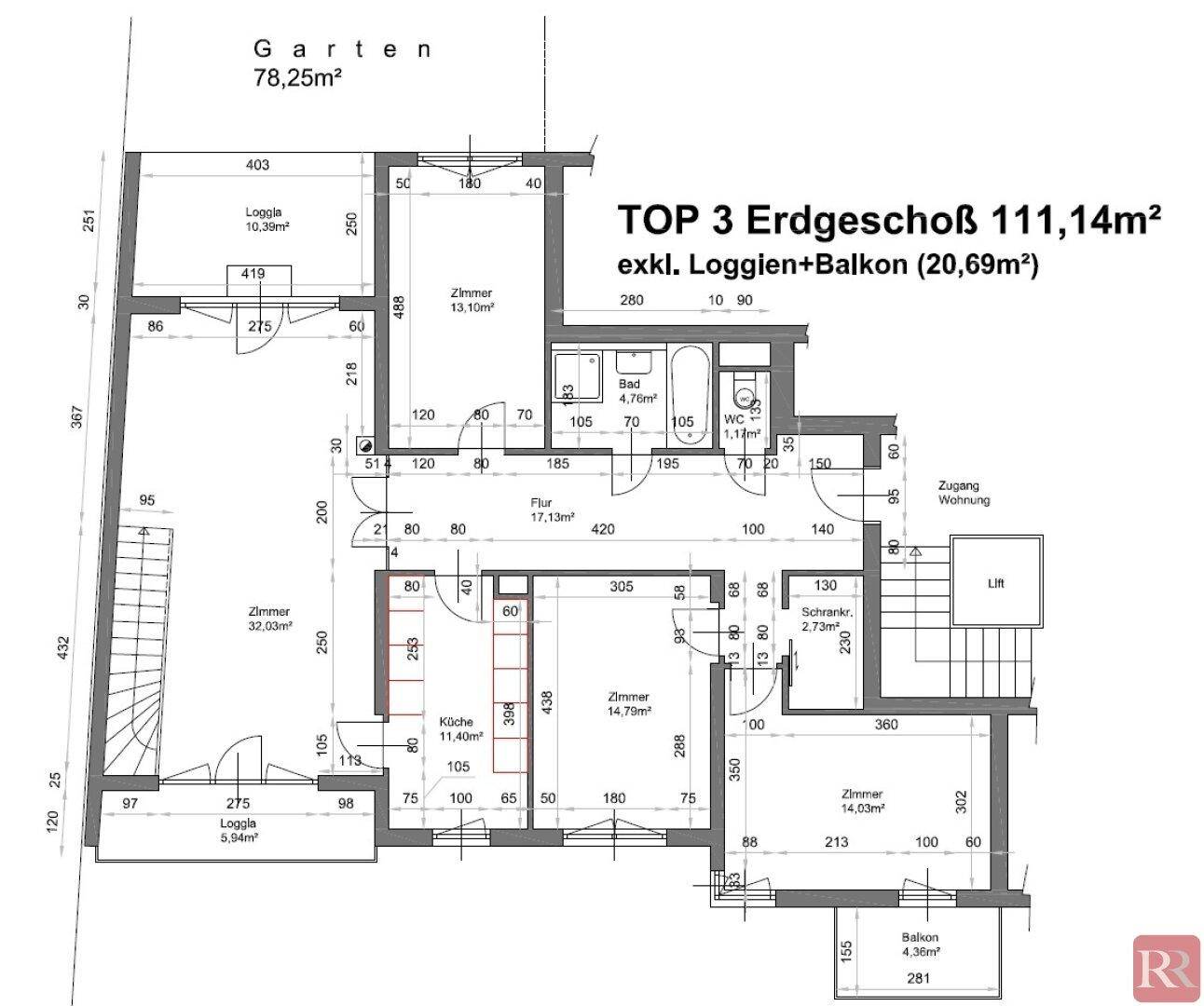 Grundriss des Erdgeschosses (TOP 3) mit 111,14m², inklusive Loggien und Balkon.