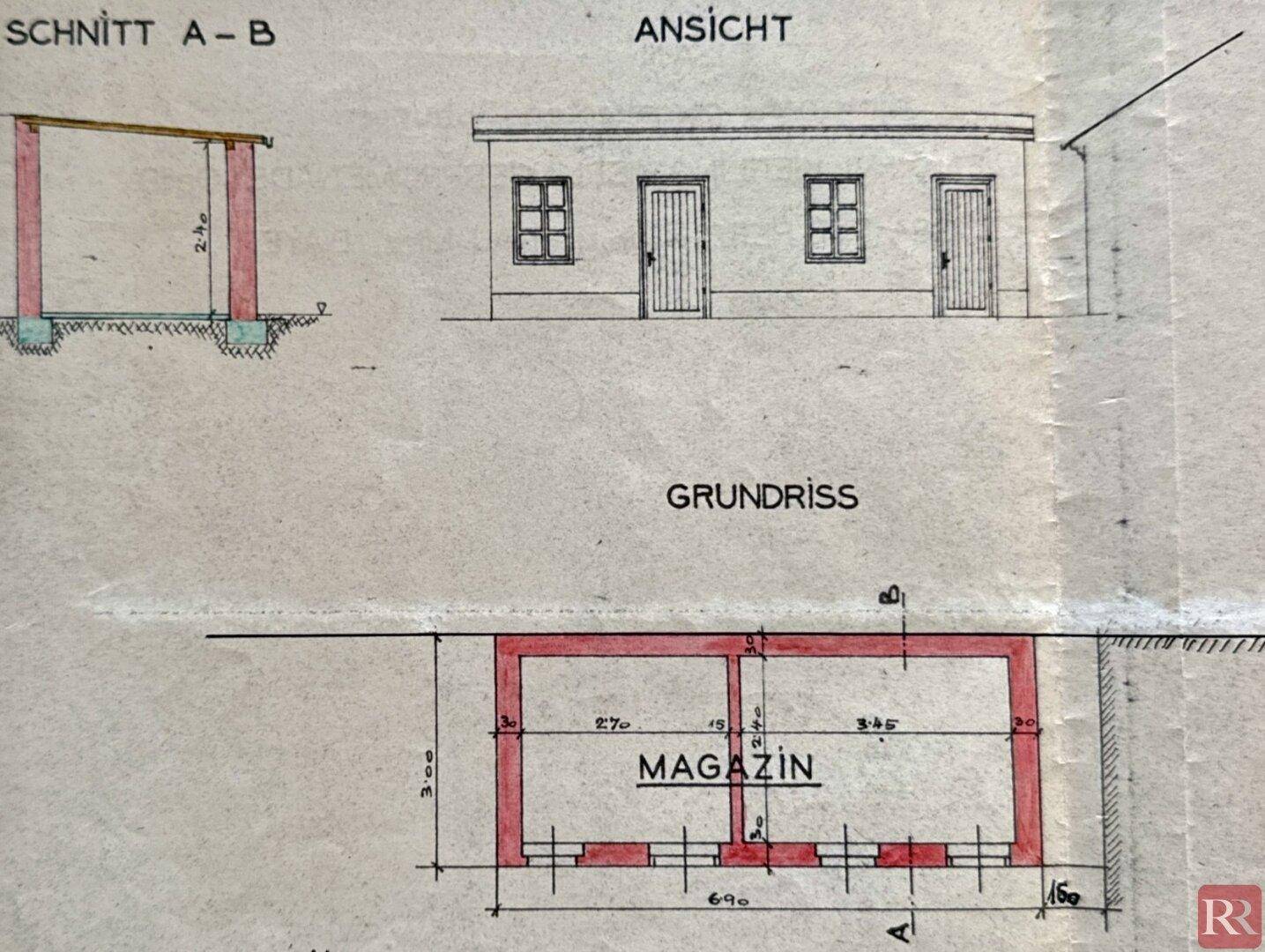 Architektonische Zeichnung eines Nebengebäudes mit Grundriss und Ansicht.
