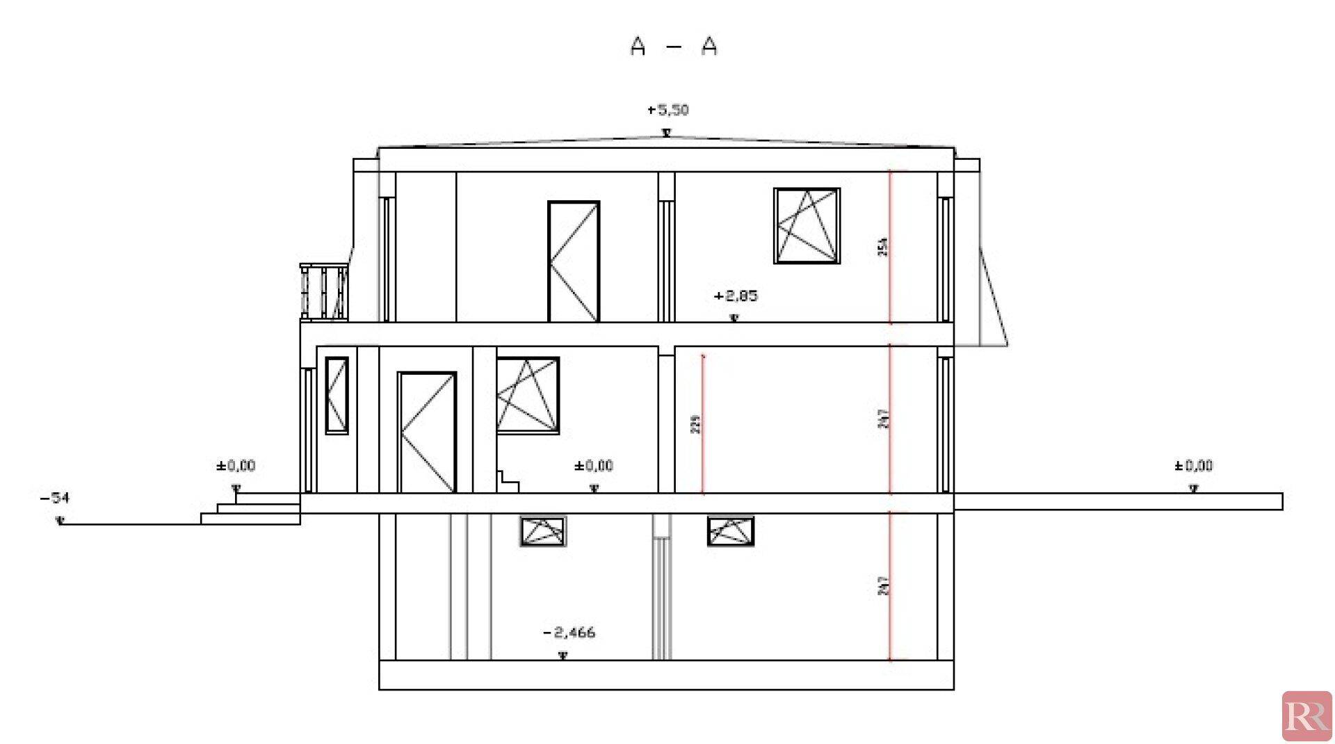 Schnittansicht des Hauses zeigt die verschiedenen Stockwerke und Dachform.