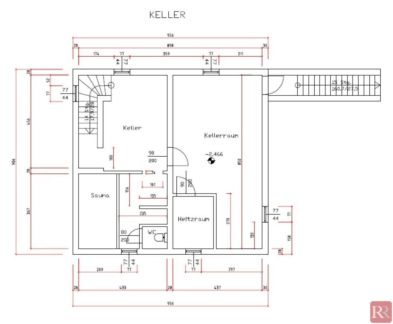 Grundriss des Kellers mit Sauna, Heizraum und Abstellflächen.