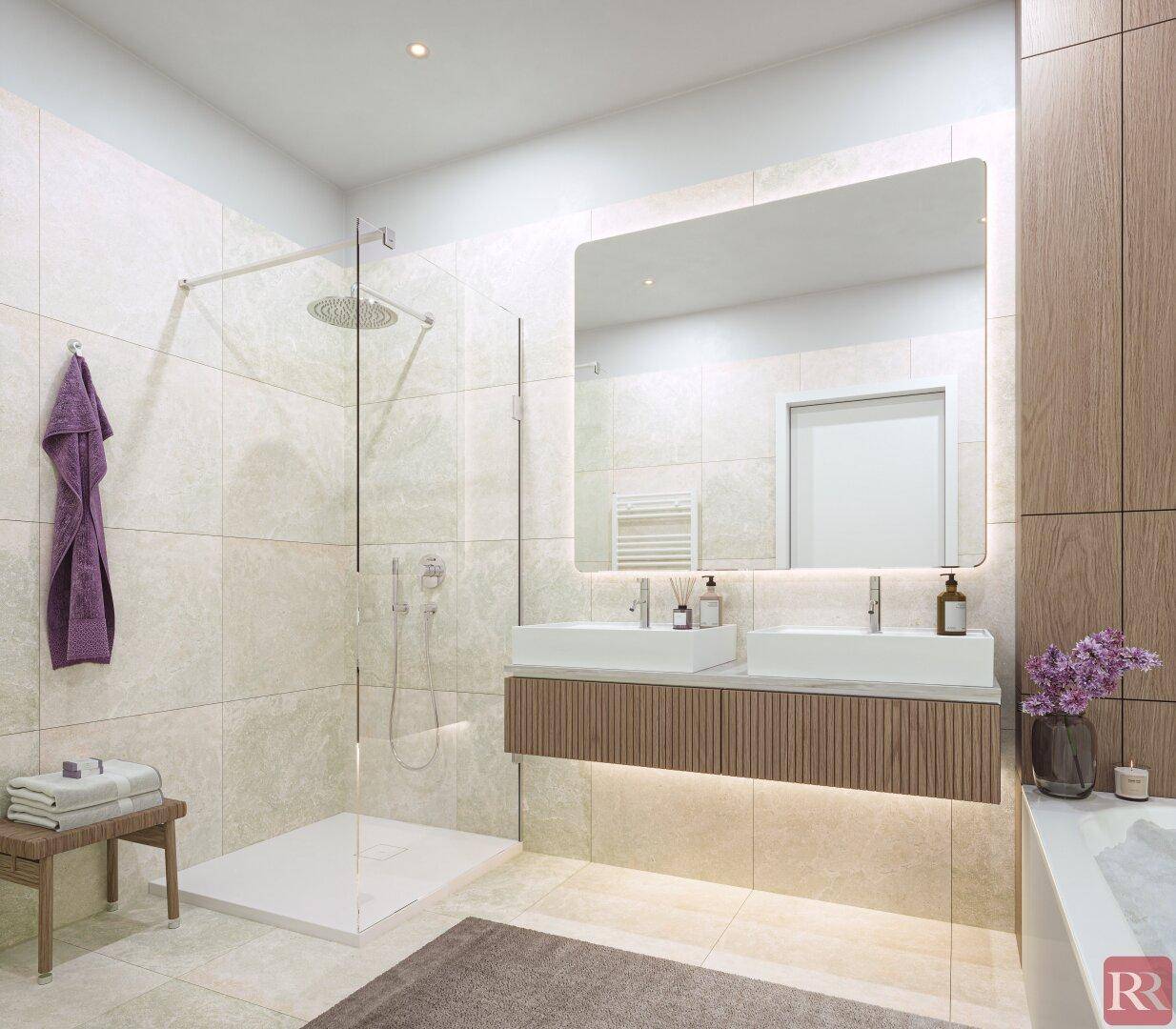 Modernes Badezimmer mit begehbarer Dusche, Doppelwaschbecken und großem beleuchteten Spiegel.