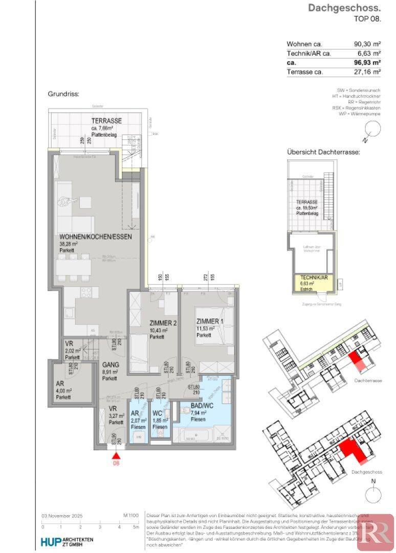 Grundriss des Dachgeschosses mit Terrasse, zwei Schlafzimmern und offenem Wohn-Essbereich.