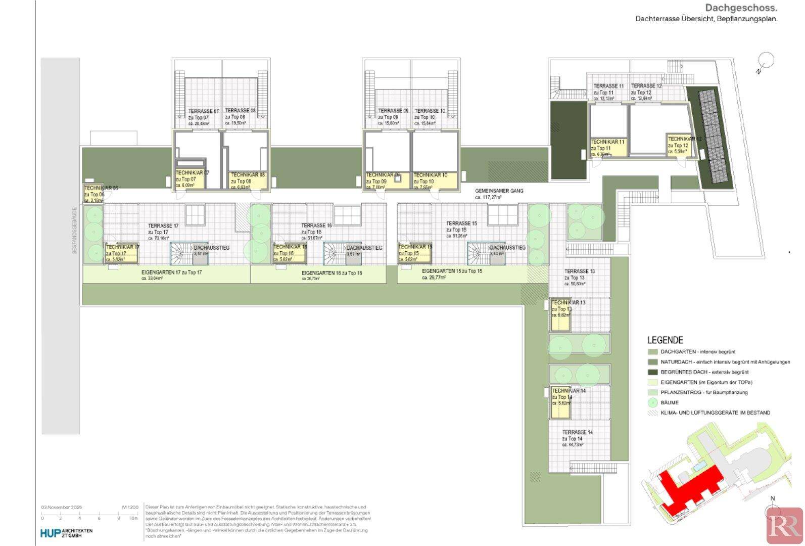 Detaillierter Plan der Dachterrassen und Eigengärten im Dachgeschoss mit Bepflanzungsdetails und Technikräumen.