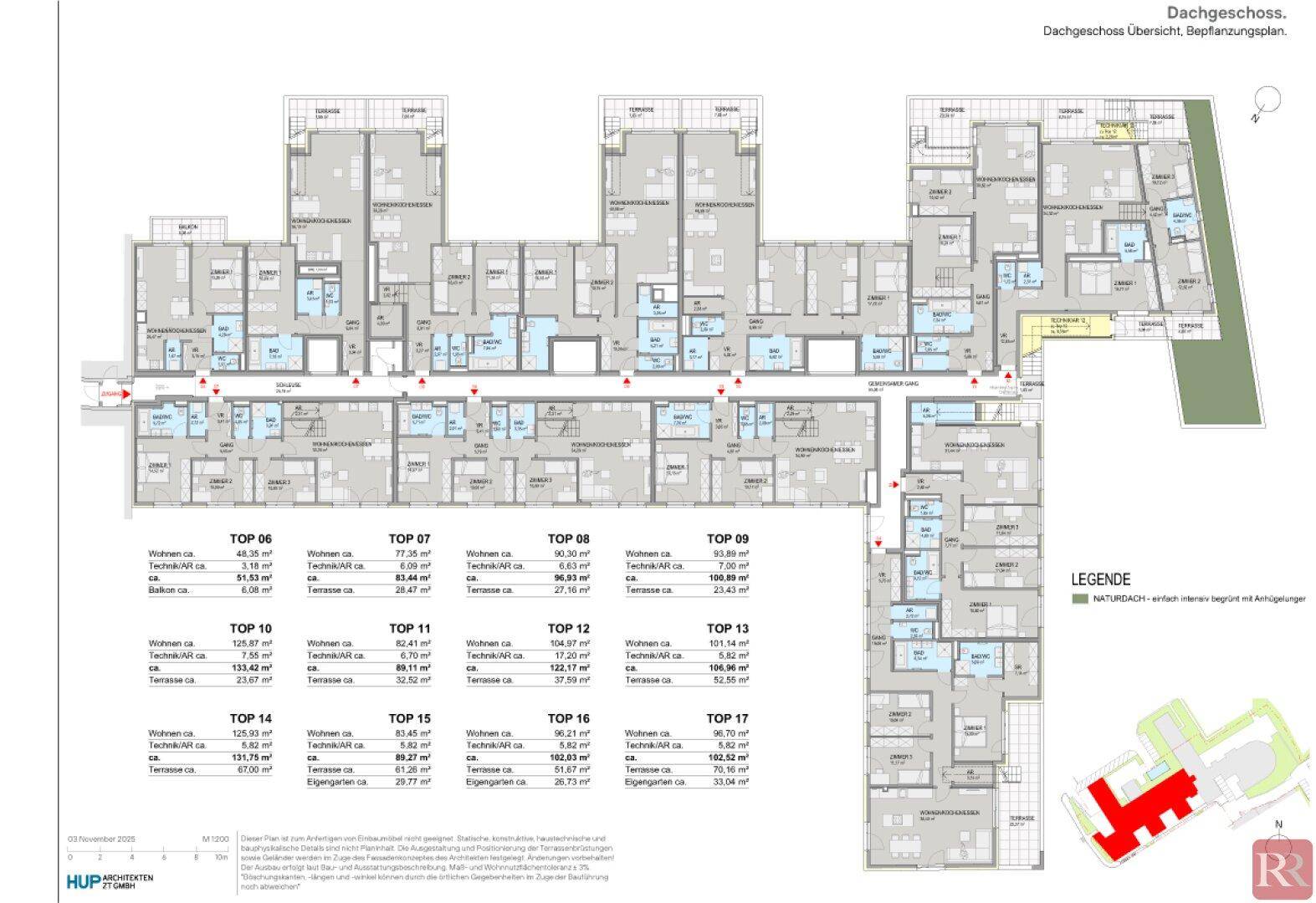 Übersichtsplan des Dachgeschosses mit verschiedenen Wohnungslayouts und zugehörigen Balkonen und Terrassen.