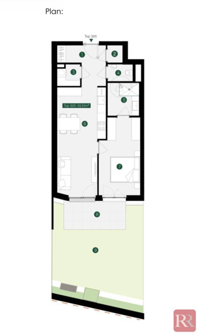 Grundriss einer Wohnung mit einem Schlafzimmer, offenem Wohnbereich, Terrasse und Garten.