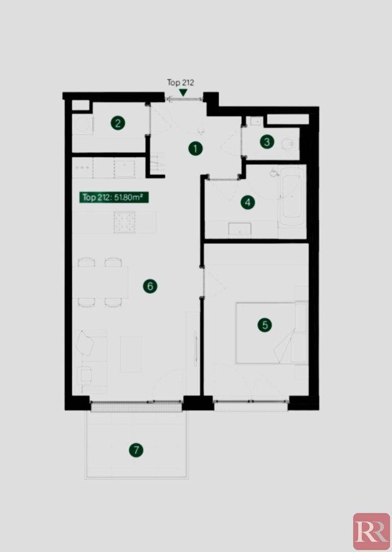Übersichtlicher Grundriss einer Wohnung mit offenem Wohnbereich und Balkon.