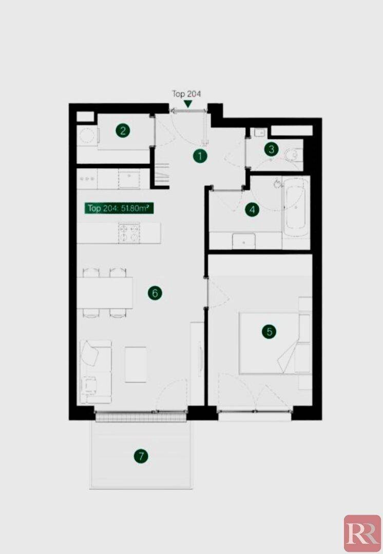 Grundriss der Wohnung mit offenem Wohnbereich, Schlafzimmer, Bad und Balkon.