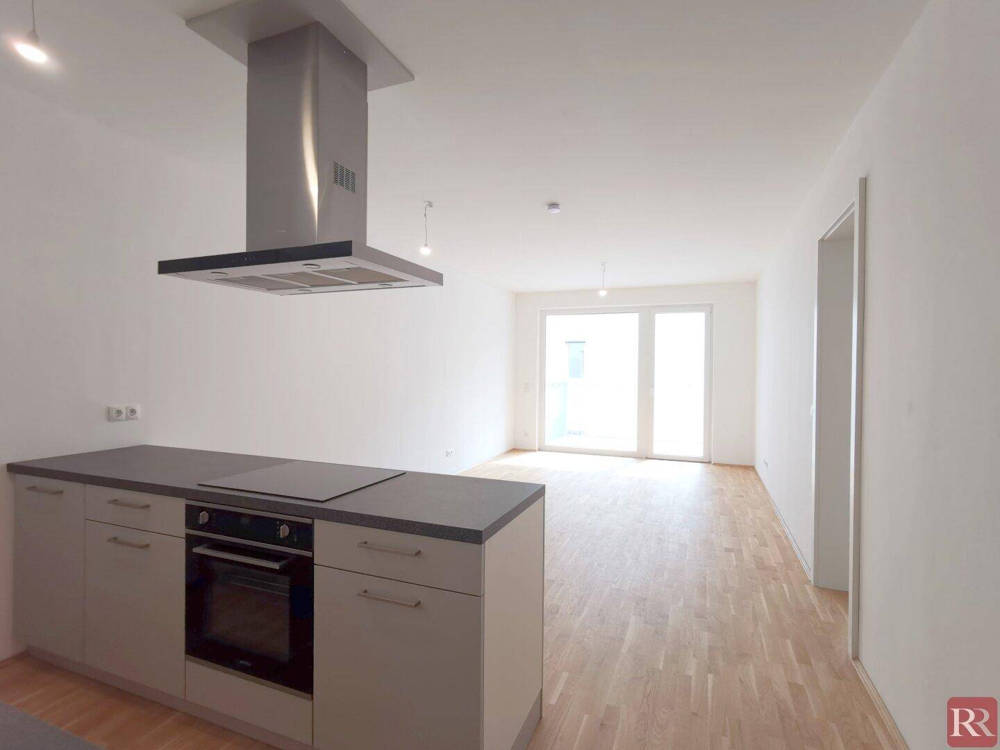 Moderner Wohn- und Essbereich mit offener Küche, Parkettboden und Zugang zu einem Balkon.