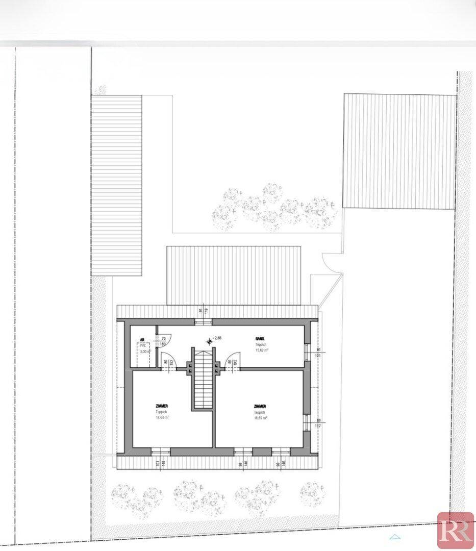 Grundriss des Obergeschosses mit zwei Zimmern und Flur.