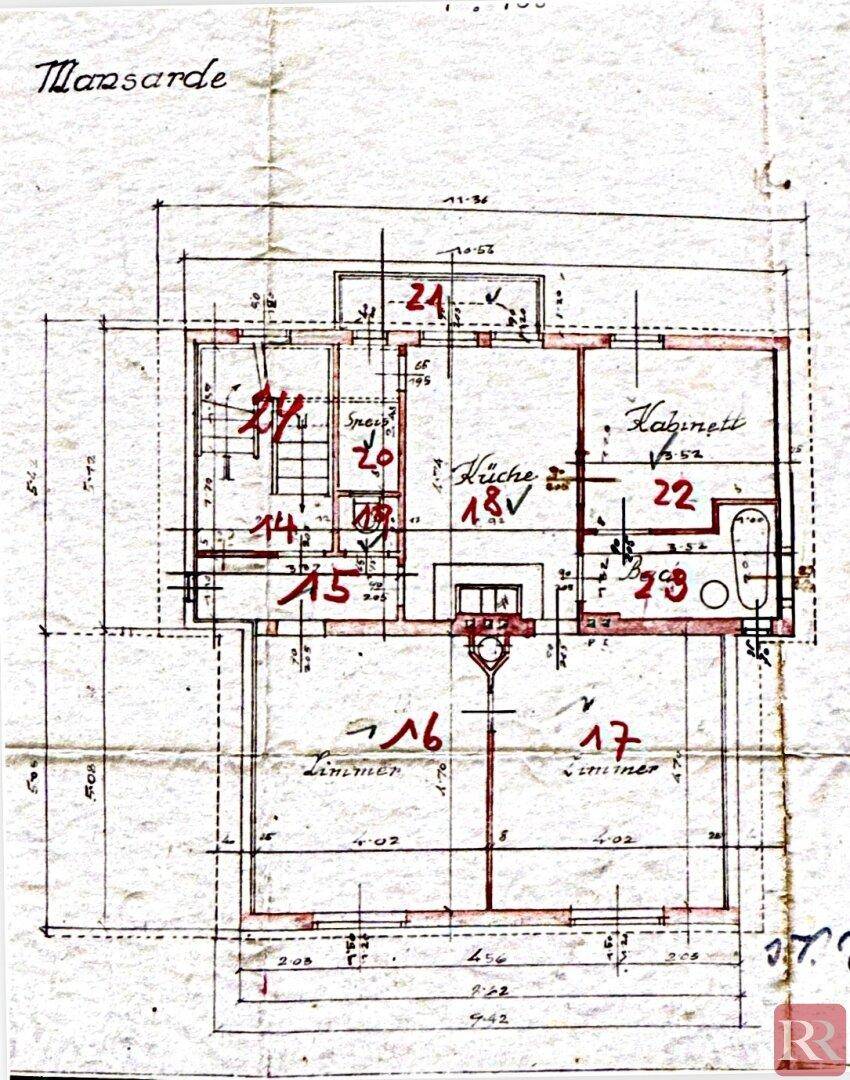 Historischer Grundriss des Mansardengeschosses mit Zimmern, Küche und Bad, datiert auf 1917.