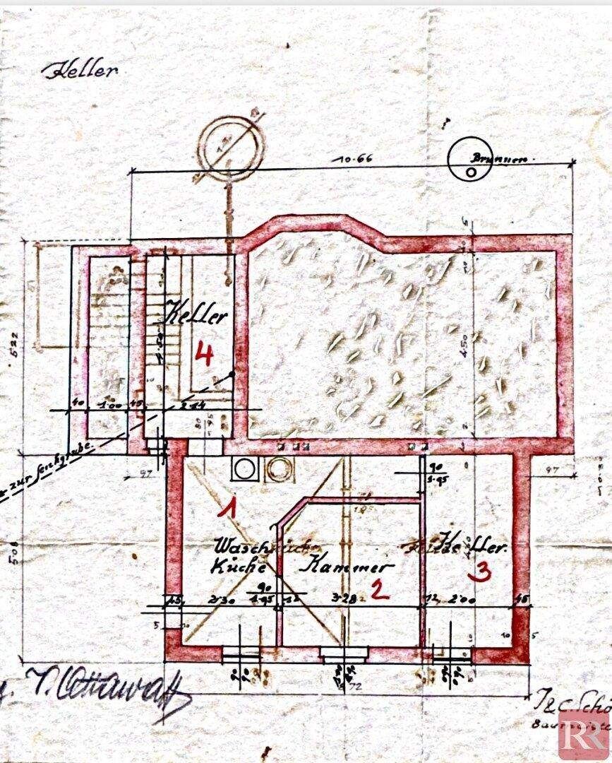 Historischer Grundriss des Kellergeschosses mit Waschküche, Kammer und weiterem Kellerraum.