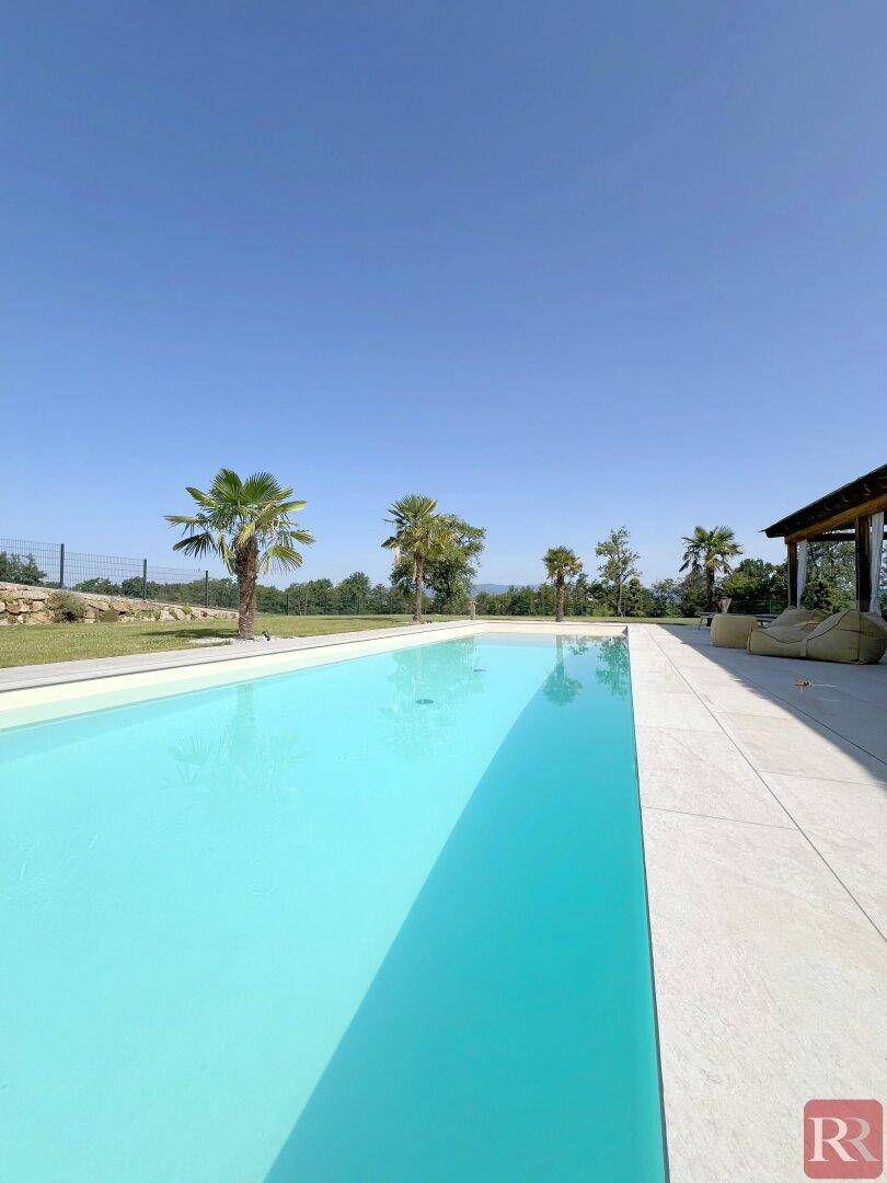Langer, schmaler Swimmingpool mit klarem Wasser, umgeben von einer hellen Terrasse und Palmen.