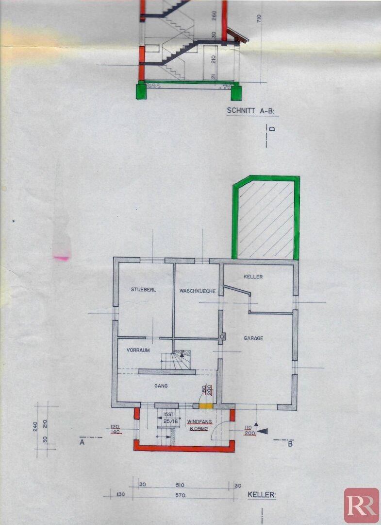 Grundriss des Kellers mit Stüberl, Waschküche, Abstellraum und Garage.