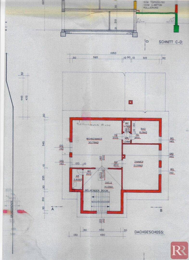 Grundriss des Dachgeschosses mit Wohnzimmer, Bad und weiteren Zimmern.