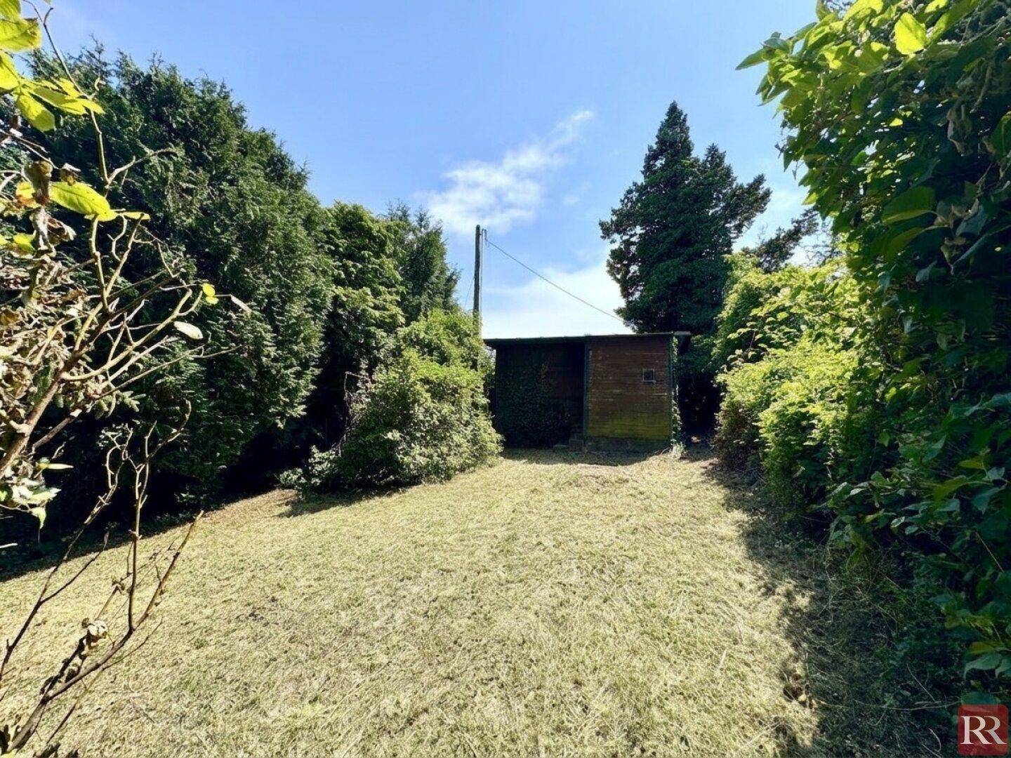 Ruhiger Gartenbereich mit einem Holzschuppen, eingebettet in dichtes Grün und hohe Hecken.