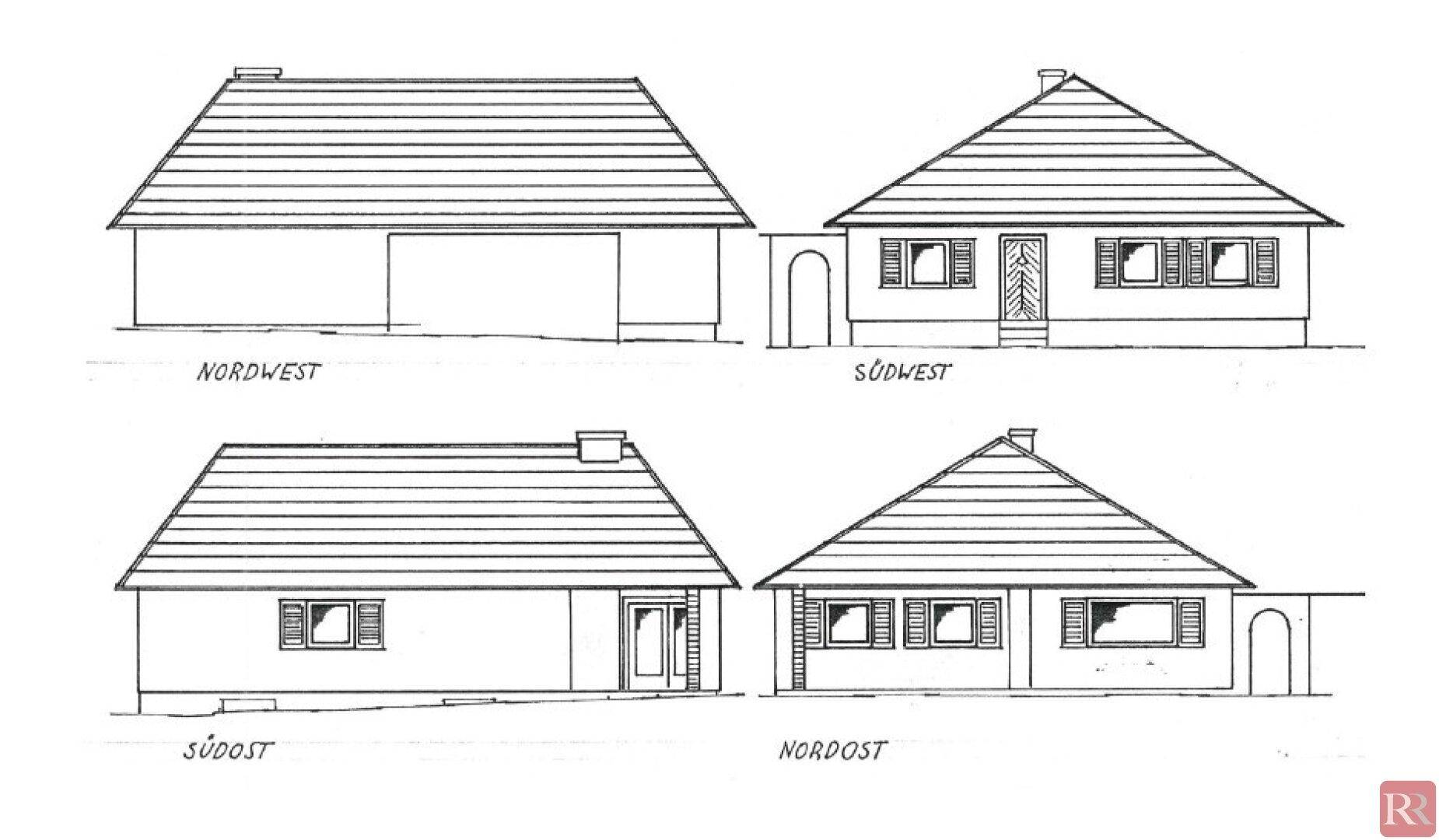 Architektonische Ansichten des Hauses von verschiedenen Himmelsrichtungen.