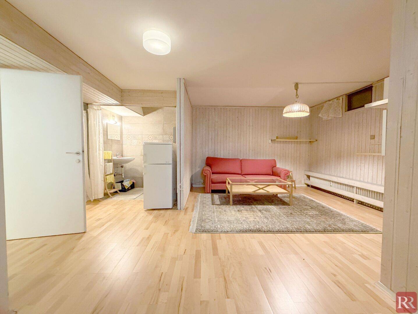 Gemütlicher Kellerraum mit Holzvertäfelung, rotem Sofa und kleiner Küchenzeile.