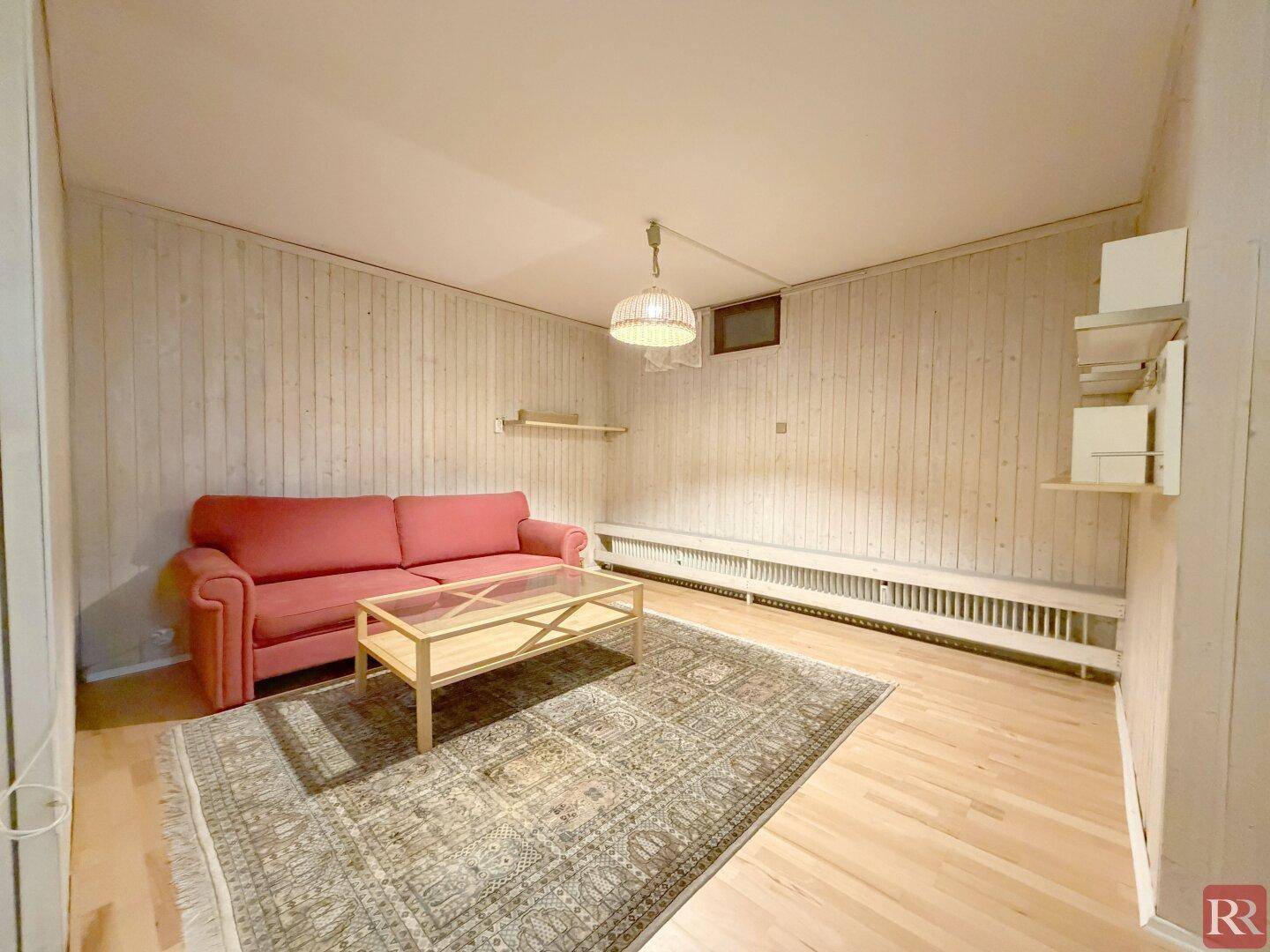 Kellerraum mit Holzvertäfelung, rotem Sofa und Teppich, ideal als Hobbyraum.