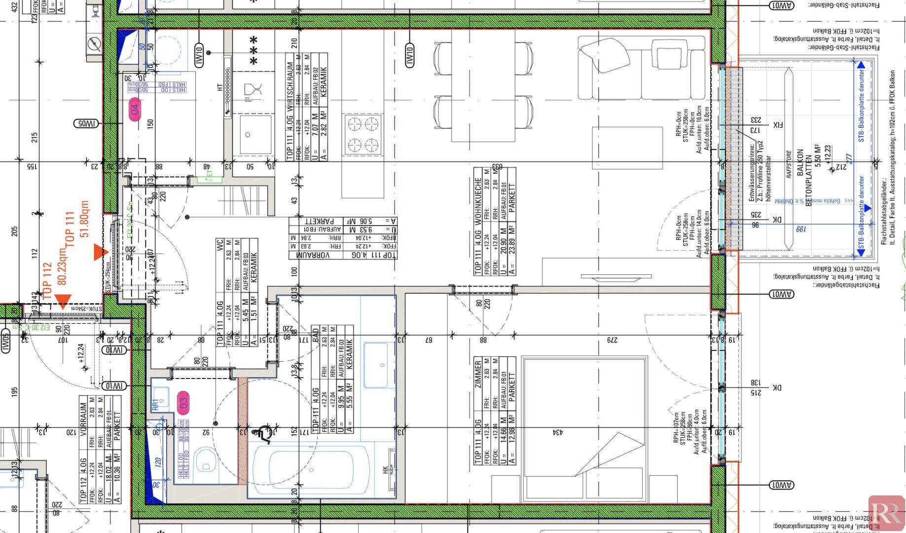 Detaillierter Grundriss der Wohnung mit Raumaufteilung und Balkon.