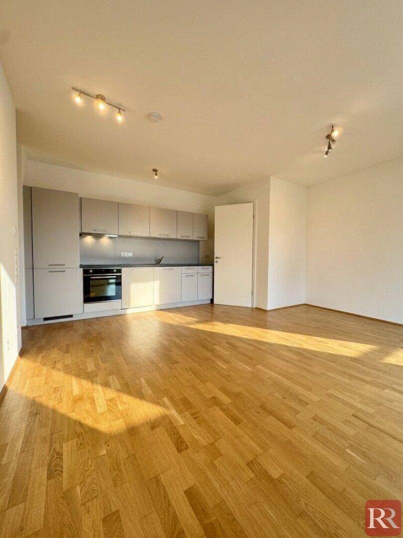 Moderne Einbauküche in hellem Grau, offen zum Wohnbereich mit Parkettboden und viel Tageslicht.