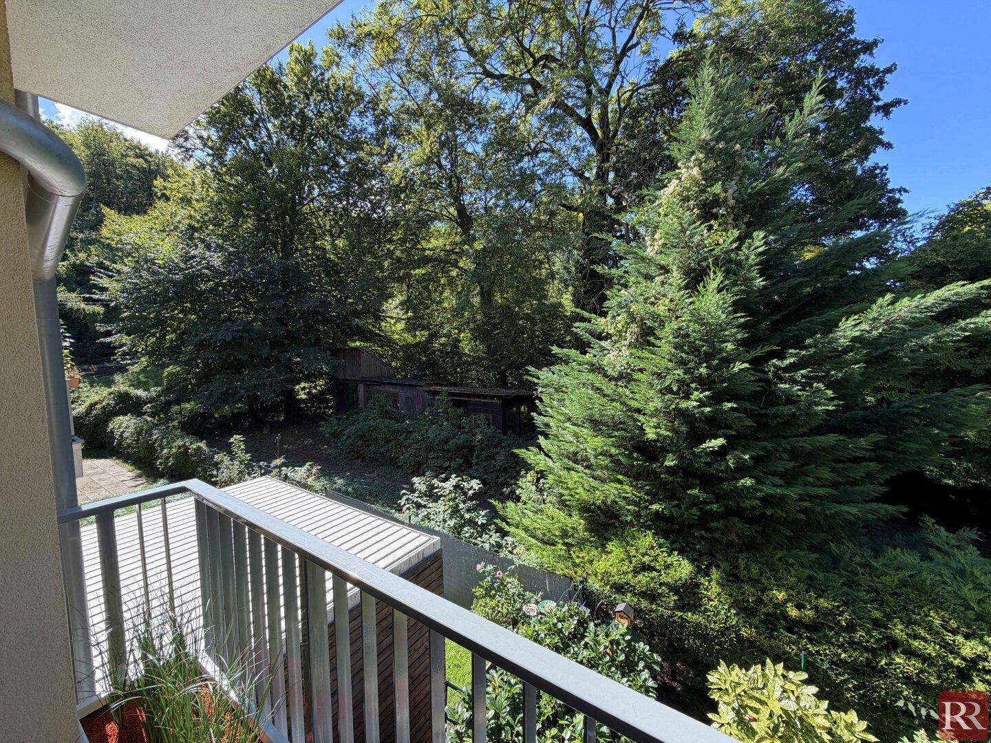 Aussicht vom Balkon auf üppiges Grün und hohe Bäume, die Privatsphäre bieten.