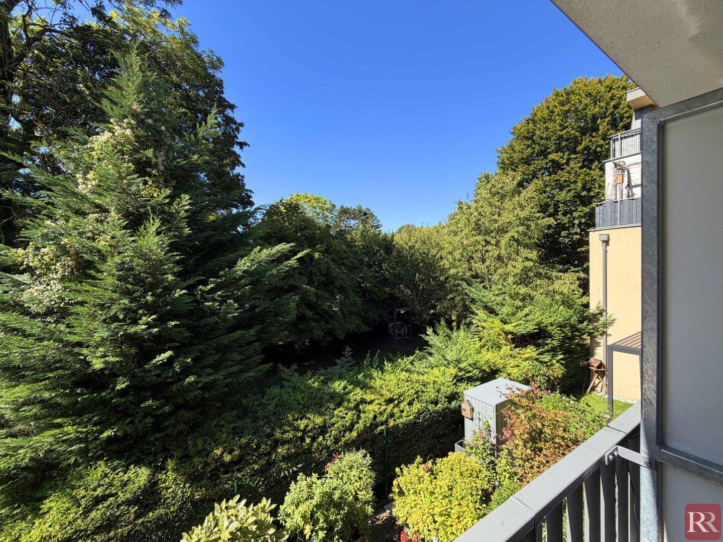 Weitläufiger Blick vom Balkon in eine grüne Landschaft mit vielen Bäumen und Sträuchern.