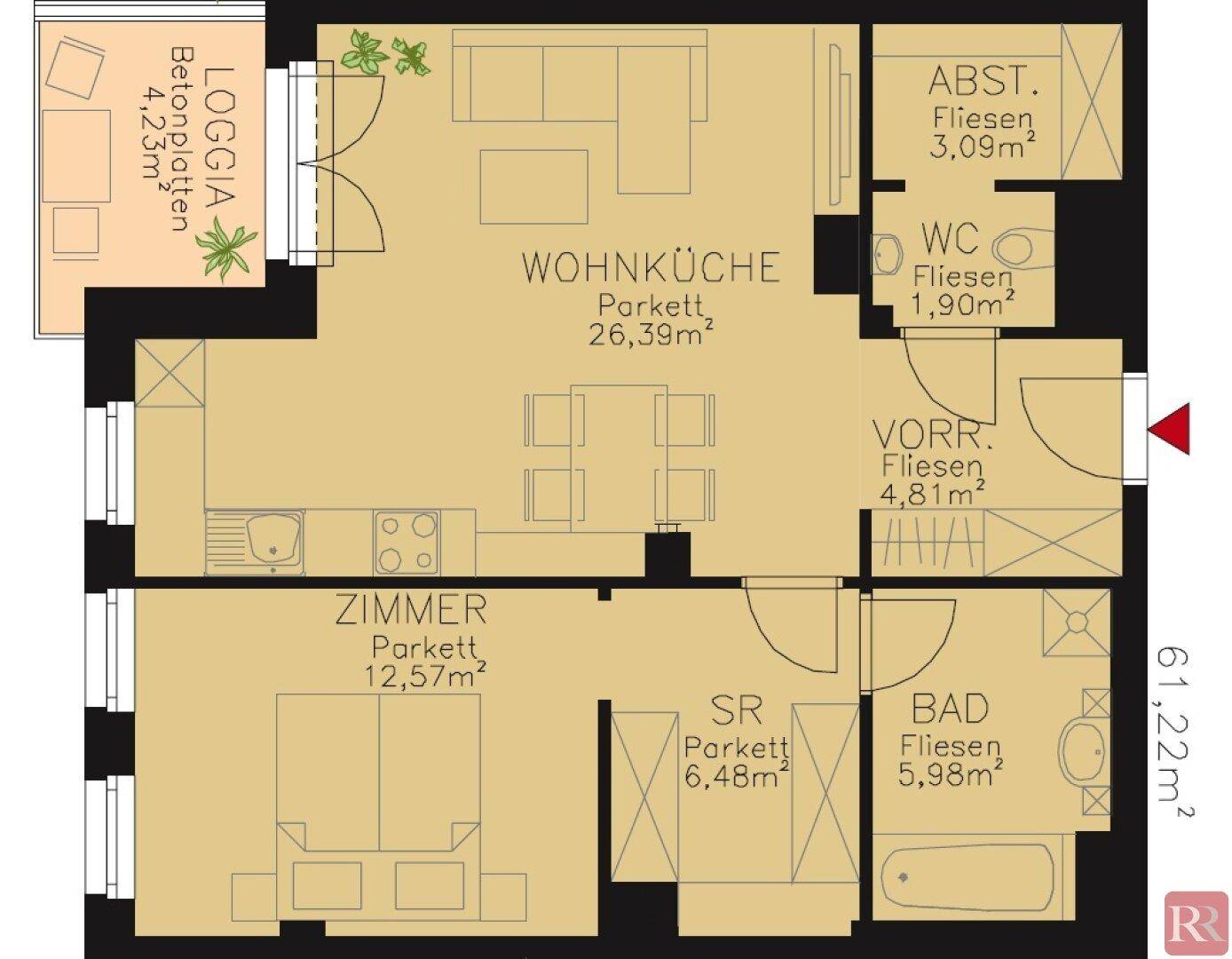 Detaillierter Grundriss einer Wohnung mit Wohnküche, Schlafzimmer und Loggia.
