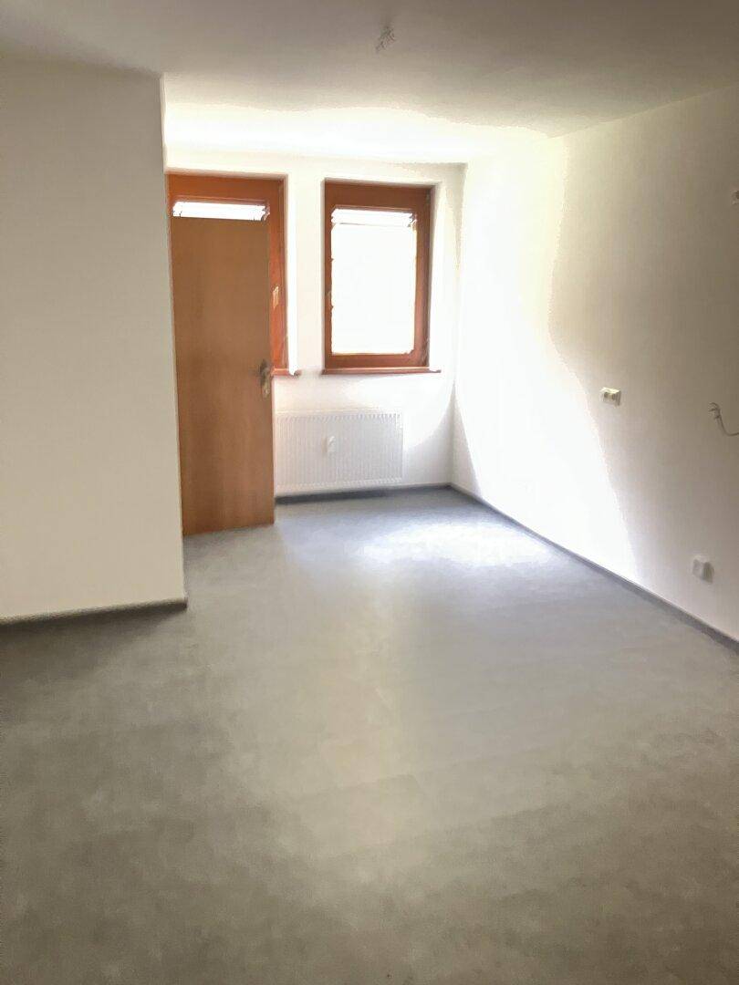 Leerer Raum mit grauem Boden, zwei Fenstern und einer Tür, ideal als Abstellraum oder Büro.