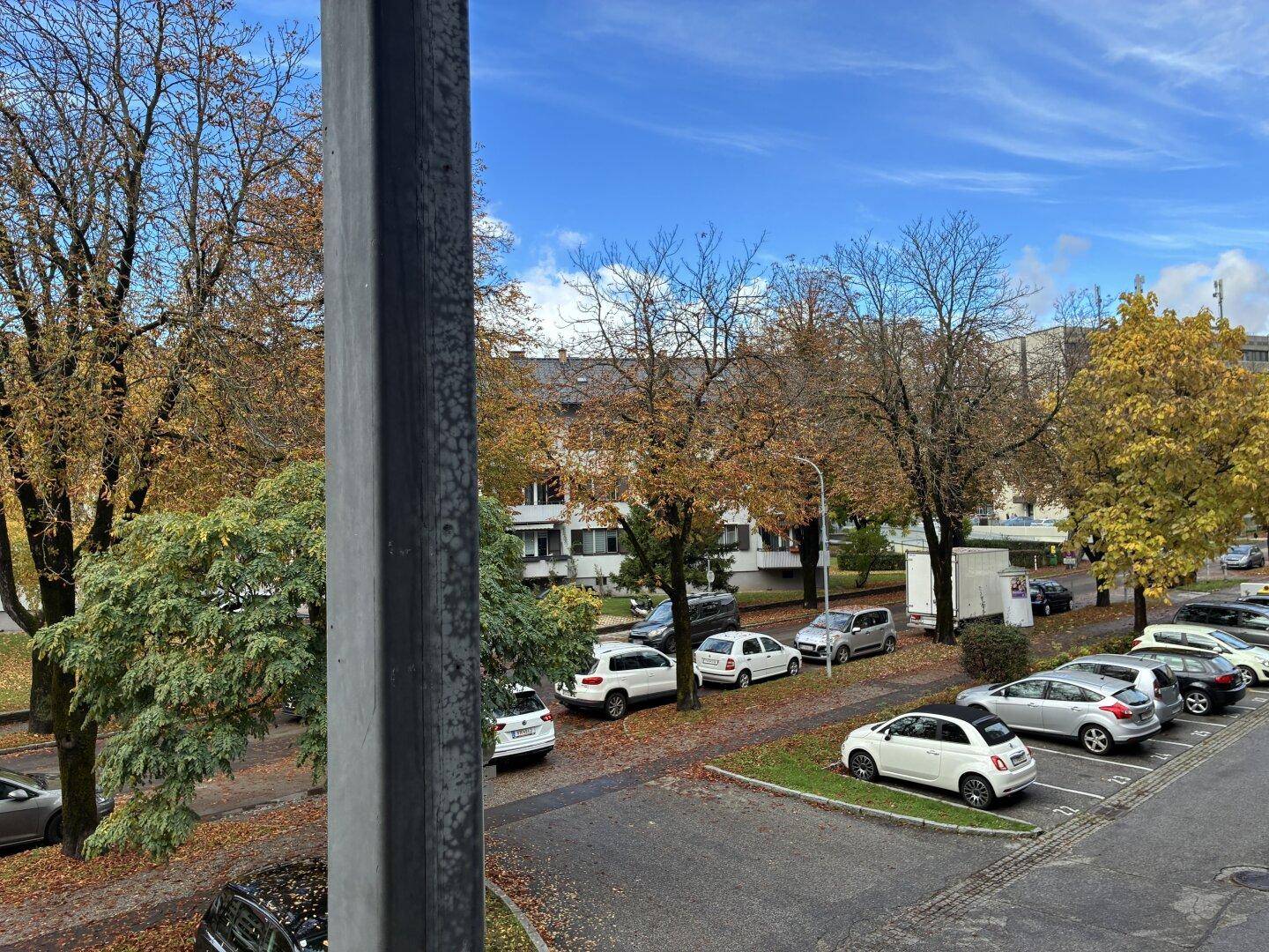Weitblick vom Balkon über einen Parkplatz und herbstliche Bäume unter blauem Himmel.