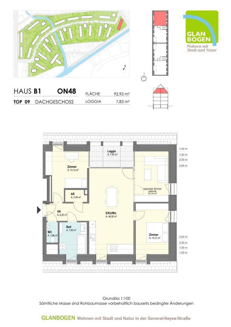 Grundriss der Dachgeschosswohnung Haus B1 ON48 mit 92,93 m² Wohnfläche und Loggia.