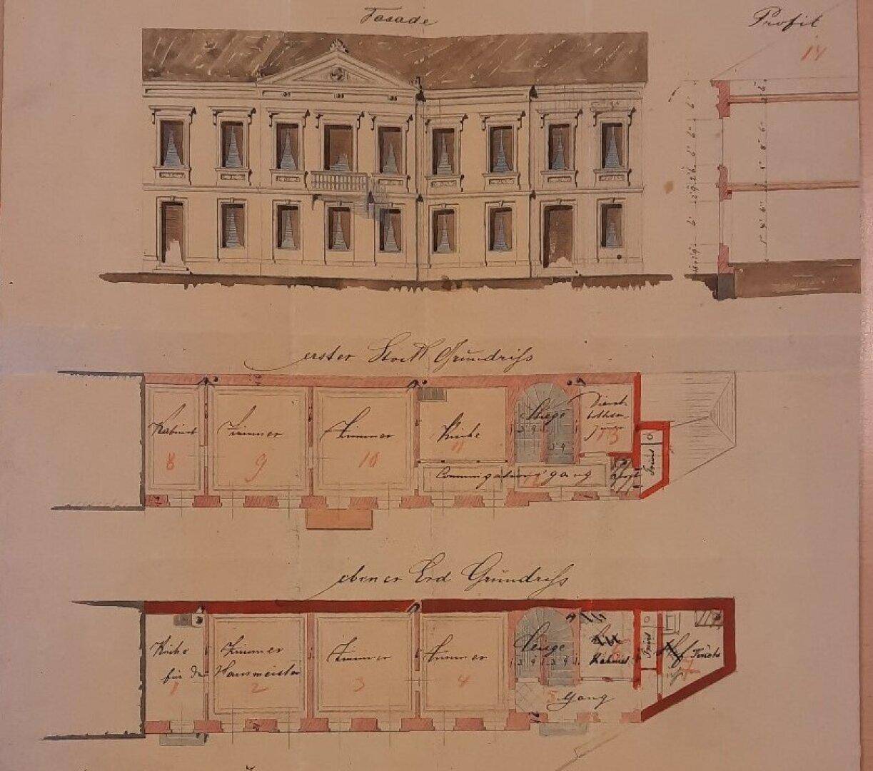 Historischer Grundriss des Gebäudes mit Fassadenansicht und Raumaufteilung.