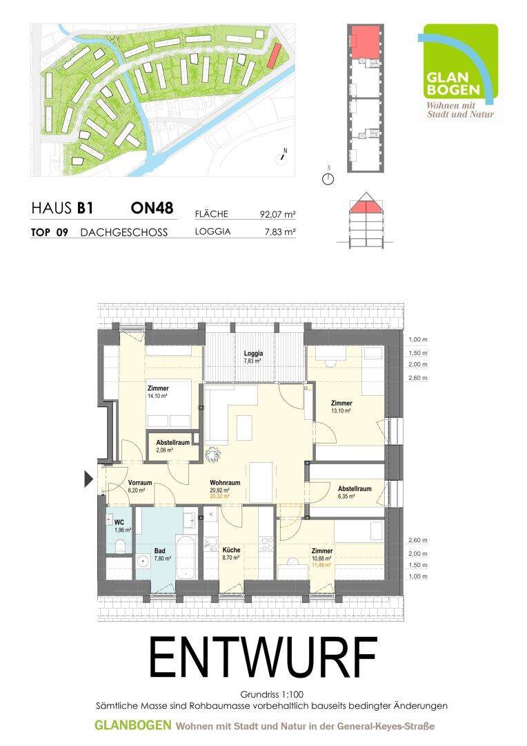 Detaillierter Grundriss des Dachgeschosses mit drei Zimmern, separatem WC, Bad und Loggia.