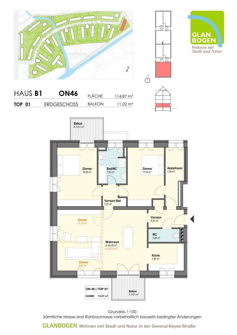 Detaillierter Grundriss einer Wohnung mit 114,87 m² Wohnfläche und Balkonen.